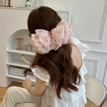 Сладко Японски шнола за коса с голям лък за момичета, нежно-розови пролетта щипки за коса с флорални принтом, Нови летни аксесоари за коса