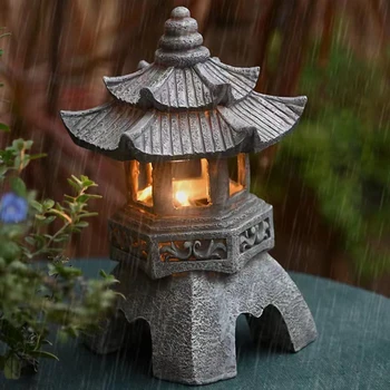 Слънчев Led Фенерче във формата на Каменна Пагода от Водоустойчива смола Zen Stone Tower Lamp, Не Выцветающий Старинен Дворец Лампа, Здрав за Пътя на песента към бъдем един балкон