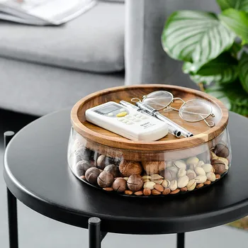 Стъклена тава за плодове с дървена купа за съхранение на Творчески двуслойни полезен начало декор Минималистичен кутия за съхранение на напитки и ядки