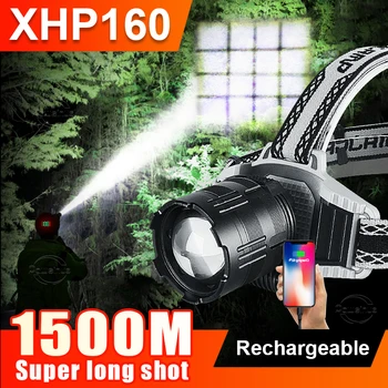 Супер Мощен led налобный фенер XHP160 9000 Лумена Висока Яркост, Главоболие Фенерче Type-c, Зареждане чрез USB, Захранване, Налобный фенер