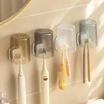 Титуляр Четка за зъби, с монтиран на стената Самоклеящийся Багажник за Четка За Зъби Пластмасови Рафтове За Съхранение на Силна Лепкавост 2 в 1 Рафтове За Чаши за Четка За зъби