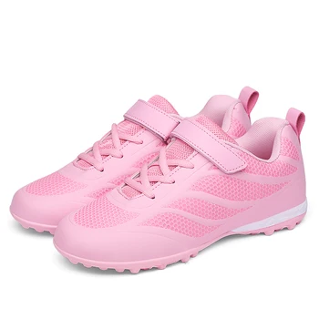 Футболни обувки от естествена кожа за момчета и момичета, футболни обувки TF, розовата трева, спортни детски маратонки, размер 28-42