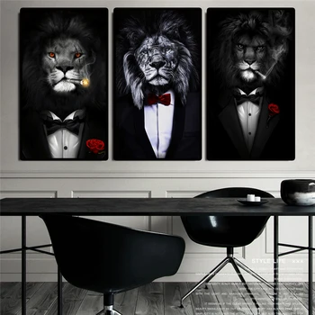 Черен Див Лъв в костюм, художествени плакати и отпечатъци върху платно, абстрактен Лъв, пура пушачите, рисунки върху платно, стенни художествени картини