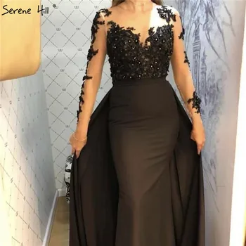 Черни Сатенени рокли на Русалка с дълги Ръкави за Бала 2023 с кръгло деколте и цветове, Елегантна рокля с диаманти Serene Hill BLA70246