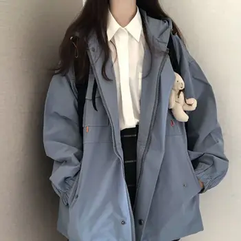 Яке Techwear, дамски корея свободна яке унисекс с дълги ръкави и качулка, чист однотонная яке, универсално ежедневното студентско палто, градинска облекло